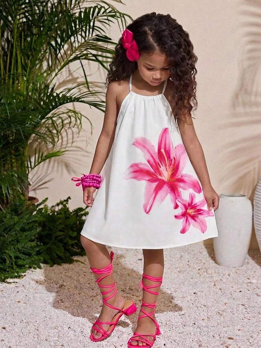 SHEIN Young Girls White Floral Print Halter A-Line Dress, Cute & Fashionable Versatile Dress For Outing, Vacation, Photo Shoot - White - View 1