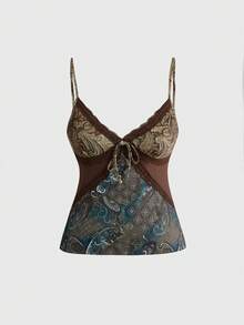 ROMWE Country Plus Size Vintage Hippie Paisley Floral Patchwork Fabric Waist Cinched Camisole - Brown - View 1
