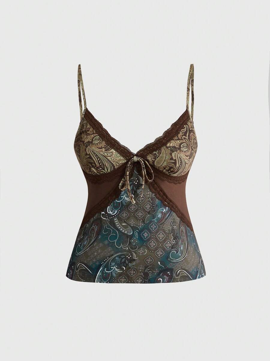 ROMWE Country Plus Size Vintage Hippie Paisley Floral Patchwork Fabric Waist Cinched Camisole - Brown - View 1