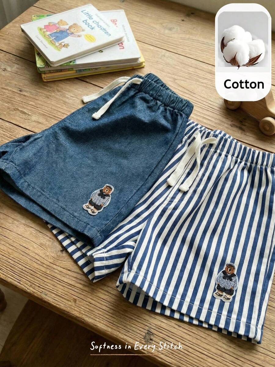 Cozy Pixies 2pcs Young Boy Cartoon Bear Print Striped Elastic Waist Shorts Set - Multicolor - View 1