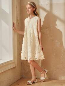 SHEIN Tween Girl Summer Casual Fashionable Sleeveless Floral Textured A-Line Dress - Apricot - View 1