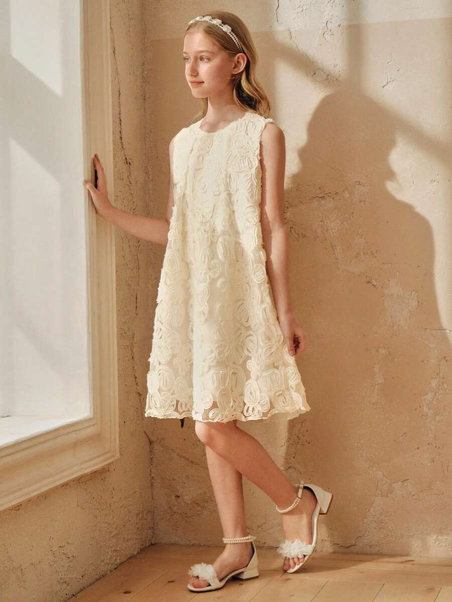 SHEIN Tween Girl Summer Casual Fashionable Sleeveless Floral Textured A-Line Dress - Apricot - View 1
