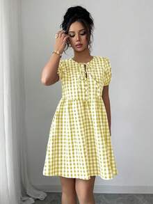 Elenzga Women's Plaid Front Tie Short Petal Sleeve Casual Mini Dress - Yellow - View 4