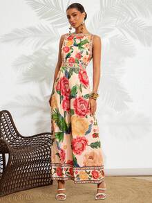 Amorya 女士优雅露背连体裤，宽松撞色印花度假连体裤，沙滩连体裤，优雅鸟类印花连体裤，度假装连体裤，长款碎花连体裤，春夏女装，复活节，优雅派对装，沙滩装，母亲毕业礼服，毕业礼服，伴娘礼服，婚礼宾客礼服，婚礼，女士度假装，夏季假日装，女士正式服装，Y2K风格，女士办公室装，碎花连体裤，女士夏季连衣裙 - 彩色 - 查看 5