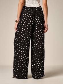 AiiRZ 女士高腰直筒阔腿裤，白色波点印花，春夏休闲阔腿裤 - 黑與白 - 查看 2