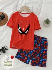 Set Piyama Anak Laki-Laki 2pcs/Set: Atasan dan Celana Pendek Lengan Pendek Leher Bulat Motif Superhero Kasual Nyaman Bahan Rajut Lembut Elastis - MultiWarna - View 4