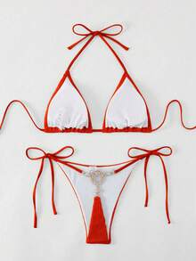 Swim Basics Bộ bikini hai mảnh gợi cảm buộc dây cổ và quần tam giác dành cho nữ, thích hợp mặc đi biển mùa hè. - Đỏ - Xem 1