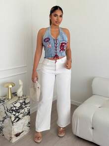 Maria Perezxox 女士 Y2K 复古运动芭蕾风图案刺绣抽绳低腰性感露脐牛仔上衣 - 淺藍色 - 查看 1