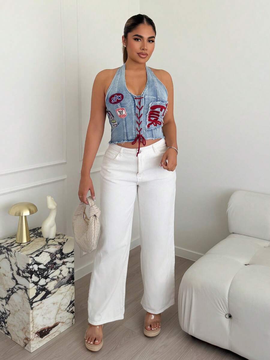 Maria Perezxox 女士 Y2K 复古运动芭蕾风图案刺绣抽绳低腰性感露脐牛仔上衣 - 淺藍色 - 查看 1