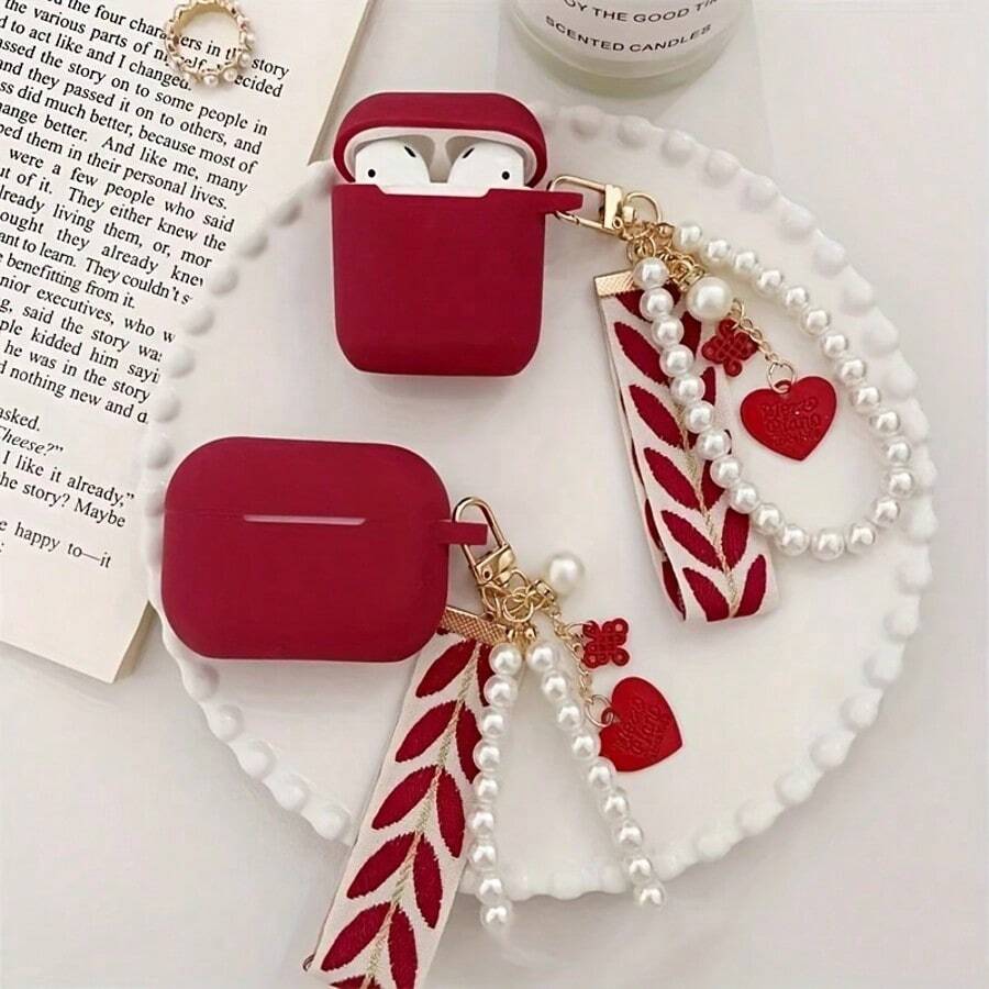 Ốp tai nghe mặt dây chuyền dễ thương sáng tạo, tương thích với tai nghe , ốp bảo vệ tai nghe 1/2, ốp bảo vệ tai nghe không dây mới cho iPhone 3/Pro/Pro2, quà tặng cho bạn trai/bạn gái. - Màu Đỏ Sâu - Xem 1