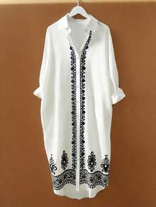 GlowEve Spring/Summer New Turndown Collar Dropped Shoulder Long Sleeve Button Cuff Button Front Digital Print Fashionable Casual Long Women Shirt - Multicolor - View 1