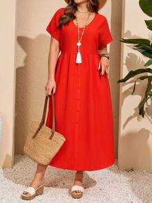 Vestido a cuadros de manga corta y cuello en V para mujer de talla, para vacaciones de verano - Naranja Coral - Ver 7