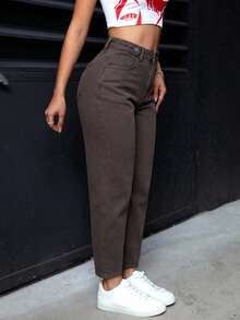 SHEIN PETITE Jeans casuales lavados y entallados para mujer - Café integral - Ver 4