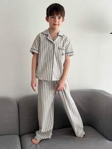 DAZY Tween Boy Striped Short Sleeve Single-Breasted Pocket Top And Pants Pajama Set - Grey - View 4