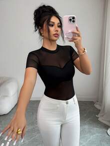 Elenzga Women's Black Fabric Splicing Black Mesh Fabric Design Sense High-End Elegant Elegant Slim Fit Sexy Outfit, Birthday Gift, Date, Party, Valentine's Day, Carnival Party, Bar, Music Festival, Highlight Perfect Body Curve, Student Style, Travel, Street Photography, Summer T-Shirt, Summer Top, Summer New Essential Fashion Niche Design Versatile Ladies Graceful Short Sleeve Blouse - Black - View 1