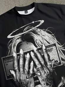 Manfinity ZONE917 Camiseta corta estilo callejero para hombres con estampado de ángel con dinero en gris desgastado - Negro - Ver 2