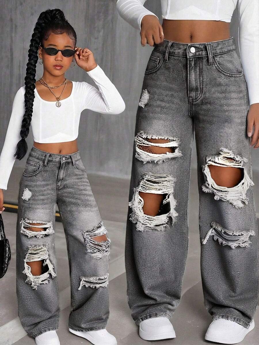 Tween Girls' Casual Washed Distressed Loose Fit Denim Jeans - Grey - View 1