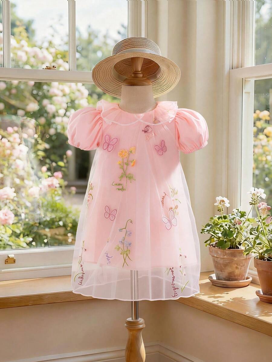 Souflis Souflis French Style New Baby Girl Princess Embroidered Mesh Petal Sleeve Dress, Suitable For Birthday Party, Evening Party, Daily Wear - Pink - View 1