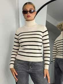 Bethéva New Autumn/Winter High Neck Slim Fit Striped Patchwork Thermal Lined Pullover Sweater For Women - Apricot - View 4