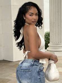 Alexandranx 性感 V 领金属装饰吊带荷叶边下摆露背红色纹理面料女式背心，适合海滩度假、约会、下午茶、度假、音乐节、波西米亚风 - 杏色 - 查看 6