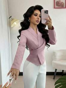 Elenzga 女士纯色系带交叉领长袖休闲通勤户外打底衫，秋冬春季 - 粉色 - 查看 3