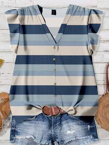 EMERY ROSE Plus Size Women V-Neck Striped Casual Blouse, Suitable For Summer - Multicolor - View 1