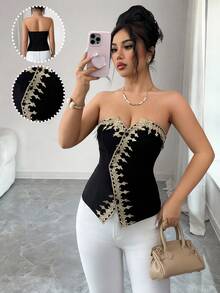 Selianne Elegantes schwarzes trägerloses Korsett mit Stickereimuster als Außenschicht. Korsett Tops Korsett Tops für Frauen Neuestes Outfit für Frauen Sexy Tops Sexy Tops für Damen Damen Korsett Laser Cut Korsett Korsett Outfit Korsett XXS Korsetts für Frauen - Schwarz - Übersicht 3