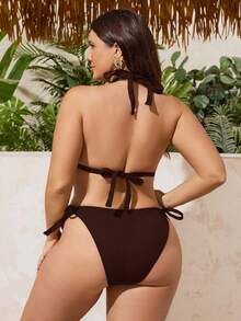 Swim SXY 大码女士罗纹三角杯系带休闲度假泳装套装 - 咖啡棕 - 查看 2