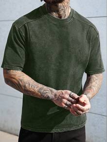 Manfinity CasualCool 男士休闲圆领短袖T恤，夏季 - 橄欖綠 - 查看 3