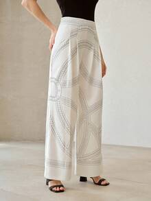 MOTF PREMIUM HIGH WAIST PRINTED PATTERN WIDE LEG CASUAL MINIMALIST LONG PANTS FOR WOMEN - White - View 5