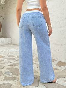 Rivivi Casual Elastic Waist Drawstring Straight Leg Jeans - Light Wash - View 2