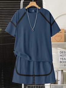 SHEIN Vacaura Boy 2件套青少年春夏秋季插肩袖撞色条纹T恤和口袋短裤休闲运动时尚套装 - 藍色 - 查看 3