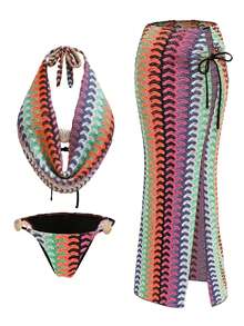 Swim Oasis 夏季海滩度假女士露背吊带特殊面料上衣，侧系带裤子，侧系带泳衣和裙子 - 彩色 - 查看 4