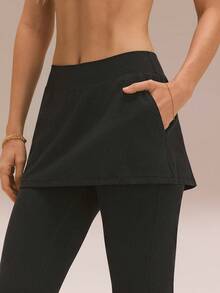 GLOWMODE 17英寸 FeatherFit™ A字型飘逸柔软弹力吸汗侧开衩中长裙式紧身裤，适合低强度瑜伽、普拉提、日常运动穿着 - 黑色 - 查看 5