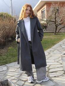 SILVIA DI SANTO 女士时尚通勤大衣，配腰带，秋冬款 - 灰色 - 查看 6