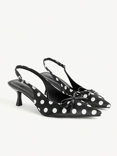 CUCCOO CHICEST White Polka Dot Satin Pointed High-Heeled Sandals On A Black Background, French Retro Sweet Element Style, Suitable For Women Who Like Sweet And Cool Girlishness, It Is Very Suitable For Daily Dating, Afternoon Tea Or Light French Clothing When Going Out On The Street Wedding Shoes Spring Shoes Bride Shoes