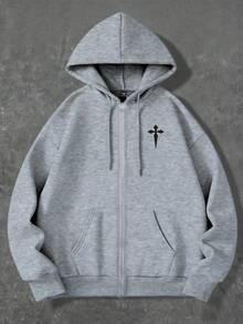 Manfinity Dauomo 男士休闲宽松拉链连帽衫，秋冬季 - 淺灰色 - 查看 5