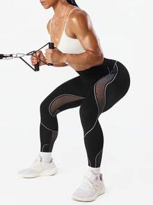 Dewbera 女士无缝瑜伽紧身裤，高腰收腹提臀，网眼设计时尚性感，吸湿排汗，舒适贴合，百搭 - 黑色 - 查看 7