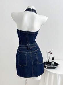 Elamini Women's Casual Front Button Backless Halter Denim Dress, Summer - Dark Wash - View 2