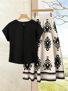 Rusticease 女士度假休闲纯色上衣+印花半裙套装（2件套），女士夏季套装，夏季半裙套装，半裙上衣套装，女士半裙上衣套装，印花半裙套装，杏色黑色，适合海滩度假出行 - 彩色 - 查看 2