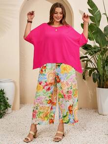 EMERY ROSE Plus Size Casual Solid Color Batwing Top And Floral Print Pants 2-Piece Set - Multicolor - View 4
