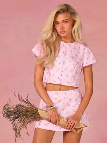 Athîral Women's Elegant Ditsy Floral Shirt And Skirt 2 Pieces Set, Summer - Pink - View 1