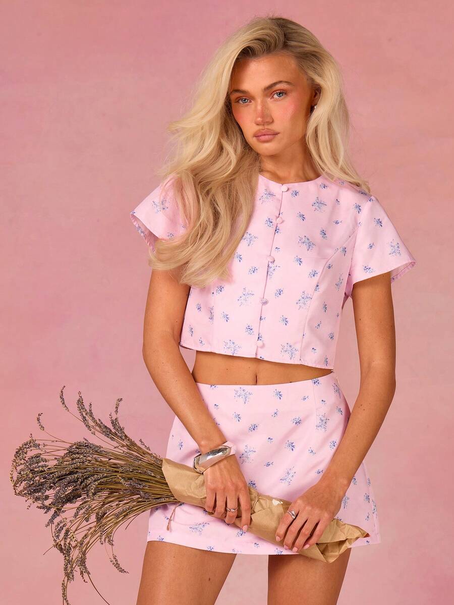 Athîral Women's Elegant Ditsy Floral Shirt And Skirt 2 Pieces Set, Summer - Pink - View 1