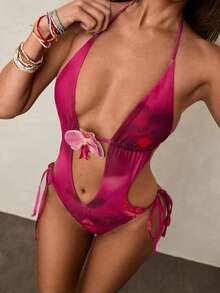 Swim Glamine 26SS 女士春夏沙滩连衣裙，连体式，性感优雅波西米亚风蝴蝶兰花渐变印花，可调节细肩带，深V领连体泳衣 - 紫羅蘭色 - 查看 8