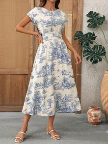 EMERY ROSE 女士圆领褶皱印花优雅派对长裙 - 藍白色 - 查看 3