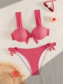 Swim Mod 大码女式粗肩带褶皱格纹印花沙滩度假泳衣套装，春夏款 - 彩色 - 查看 1