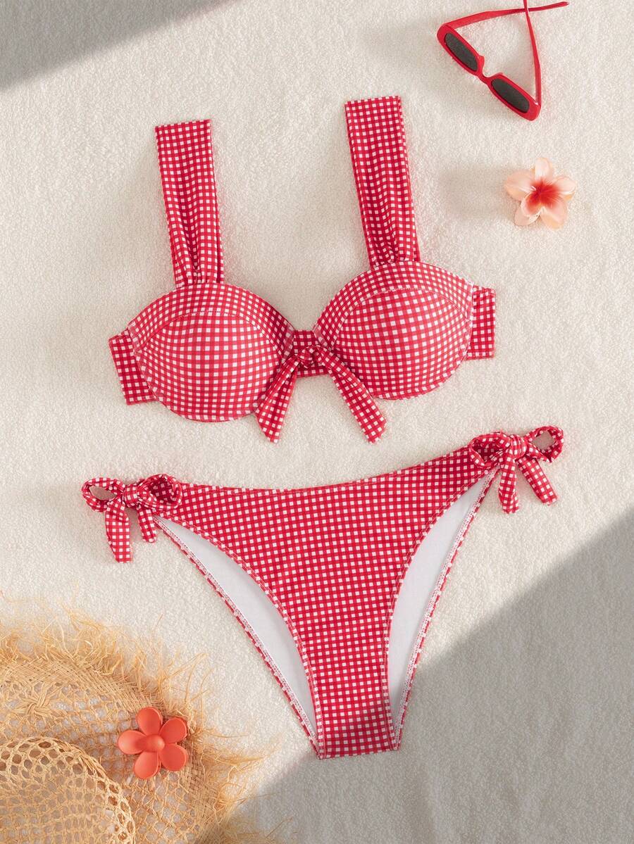 Swim Mod 大码女式粗肩带褶皱格纹印花沙滩度假泳衣套装，春夏款 - 彩色 - 查看 1