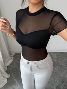 Elenzga Women's Black Fabric Splicing Black Mesh Fabric Design Sense High-End Elegant Elegant Slim Fit Sexy Outfit, Birthday Gift, Date, Party, Valentine's Day, Carnival Party, Bar, Music Festival, Highlight Perfect Body Curve, Student Style, Travel, Street Photography, Summer T-Shirt, Summer Top, Summer New Essential Fashion Niche Design Versatile Ladies Graceful Short Sleeve Blouse - Black - View 4