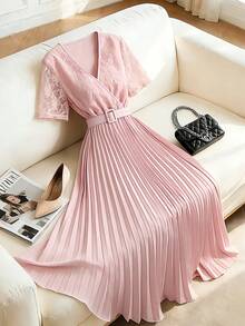 SHEIN LUNE Women's Soft Pink Pleated Dress,Elegant Summer V-Neck Lace Panel Short Sleeve Cinched Waist Gown,Perfect For Tea Party,Wedding,Easter & Holiday - Pink - View 1