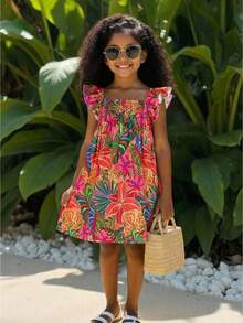 少女休闲时尚碎花方领荷叶袖A字直筒连衣裙 - 彩色 - 查看 5